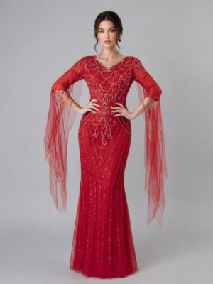 V-Neck Flowing Cape Sleeve Full Beaded Mesh Mermaid Formal Evening Gown