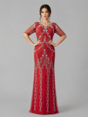 Art Deco Beaded Mermaid Formal Dress with Elbow Sleeves
