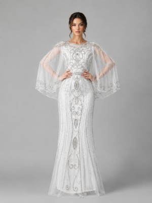 Art Deco Crystal Beaded Cape Overlay Mermaid Gown