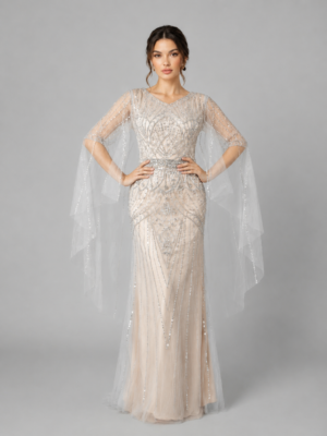 Art Deco Cape Sleeve Beaded Mermaid Gown