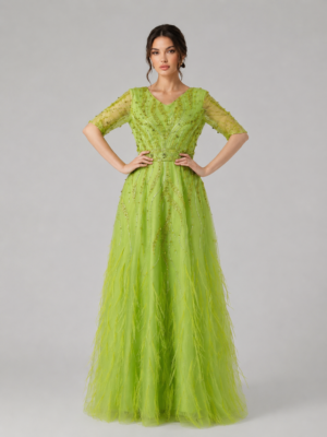Multi-Color Beaded Feather Tulle A-Line Gala Gown