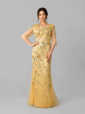 Floral Rhinestone Embellished Half Sleeve Mermaid Occasion Gown