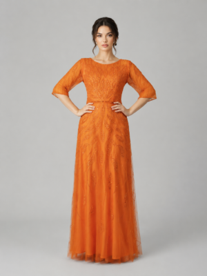 Rhinestone Leaf Embellished Three-Quarter Sleeve Occasion Gown