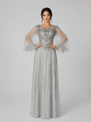 Ornate Floral Beaded Bell Sleeve Silver Mermaid Occasion Gown