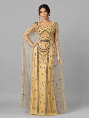 Vintage Embellished Evening Gown with Cape Sleeves