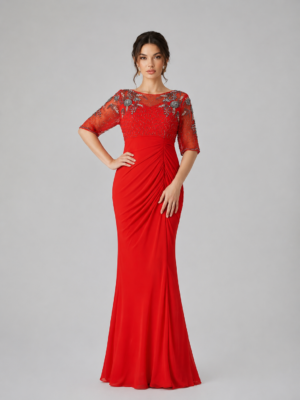 Hand Beaded Mesh Bodice Side Ruched Formal Maxi Dress