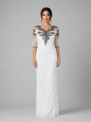 Hand Embellished Mesh Bodice Ruched Waist Evening Dress