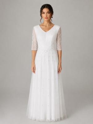 V-Neck Beaded Tulle A-Line Wedding Dress with Sheer Three-Quarter Sleeves