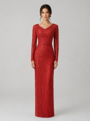 Fully Beaded Long-Sleeve Formal Evening Dress