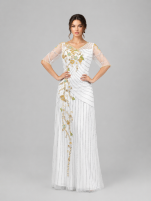 Floral Beaded Striped V-Neck Mermaid Evening Dress
