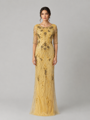 Round Neck Mid Sleeve Leaf Beaded Mermaid Tulle Evening Gown
