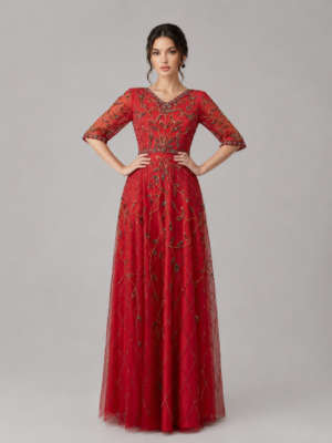 Lattice Leaf Beaded V-Neck A-Line Evening Dress