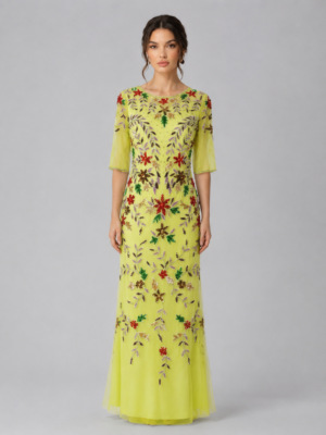 Floral Beaded Round Neck Mermaid Evening Dress