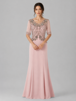 Rhinestone Beaded V-Neck Mesh Sleeve Mermaid Evening Dress