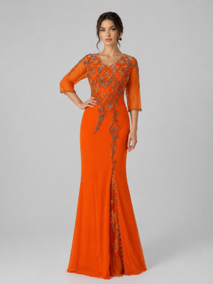 Beaded V-Neck Mesh Sleeve High Slit Mermaid Evening Dress