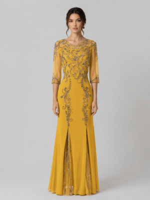 Rhinestone Beaded Mesh Sleeve Double Slit Mermaid Evening Dress