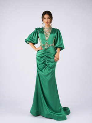 Regal Puff-Sleeve Satin Gown with Embellished Neckline