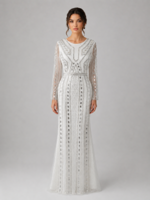 Long Sleeve Mirror & Beaded Mermaid Evening Dress