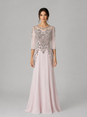 Rhinestone Beaded Bateau Neck Mesh Sleeve Mermaid Evening Dress
