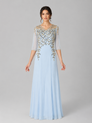 Leaf Rhinestone V-Neck Mesh Sleeve Evening Dress