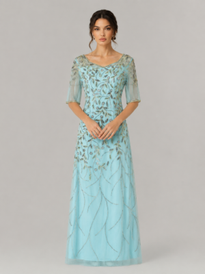 Vine Rhinestone Scallop V-Neck Mesh Sleeve Long Evening Dress