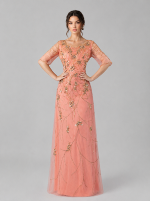 Golden Floral Rhinestone V-Neck Mesh Sleeve Long Evening Dress