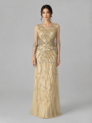 Vintage Scroll Rhinestone Round Neck Mesh Sleeve Long Evening Gown