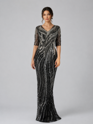 Linear Beaded V-Neck Mesh Sleeve Mermaid Long Evening Gown