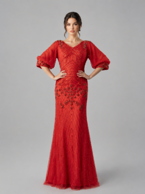Floral Beaded V-Neck Puff Sleeve Mermaid Long Evening Gown