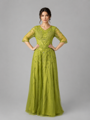 Swirl Beaded V-Neck Tulle Sleeve Flared Long Evening Gown