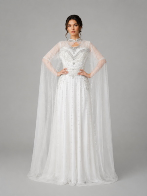 Beaded High Neck Cape Sleeve Tulle A-Line Long Evening Gown