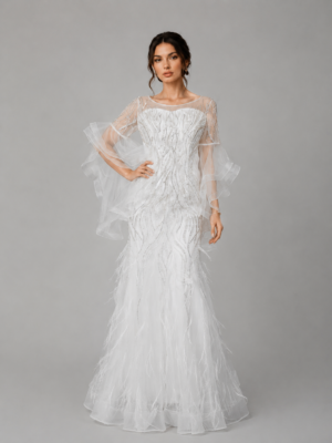 Beaded Round Neck Ruffle Sleeve Feather Mermaid Tulle Gown