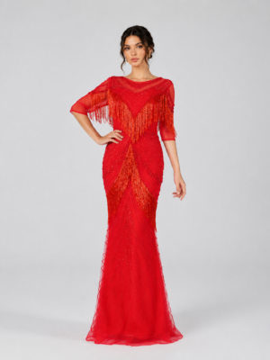 Beaded Fringe Illusion Sleeve Mermaid Tulle Evening Gown