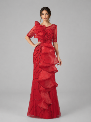 Sculptural Ruffled Tulle Gown with All-Over Beading