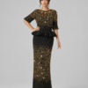 Gradient Gold Beaded Mermaid Evening Gown, Cutout Neck Bubble Sleeve Formal Party Dress