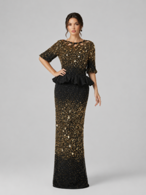 Gradient Gold Beaded Mermaid Evening Gown, Cutout Neck Bubble Sleeve Formal Party Dress