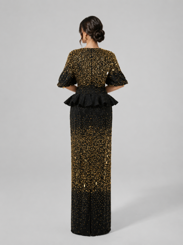 Gradient Gold Beaded Mermaid Evening Gown, Cutout Neck Bubble Sleeve Formal Party Dress