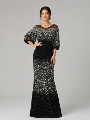Sheer Neck Beaded Mermaid Gala Dress with Puff Sleeves
