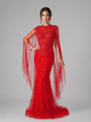 Cape Sleeve Beaded Mermaid Gala Dress with High Illusion Neck