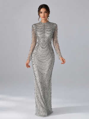 Long Sleeve High Neck Beaded Mermaid Gala Dress
