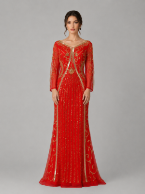 Hand-Beaded Gold Embroidery Fringe Sleeve Mermaid Evening Dress
