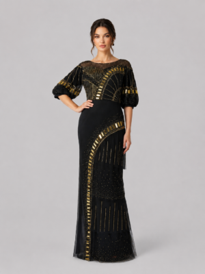 Vintage Beaded Puff Sleeve Mermaid Evening Dress with Fringe Tulle Skirt