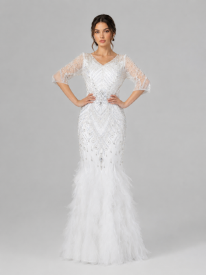 V-Neck Hand-Beaded Three-Quarter Sleeve Mermaid Gown with Feather Ruffle Skirt