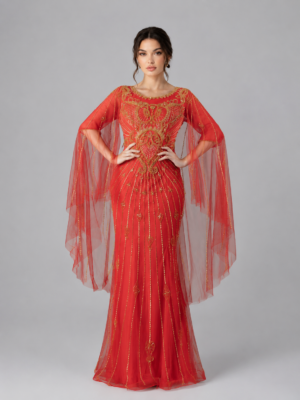Ornate Gold Embroidery Flowy Cape Sleeve Mermaid Maxi Dress