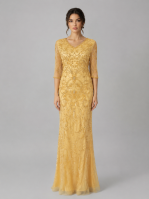 Ornate Floral Beaded Mesh Midi Sleeve Mermaid Formal Evening Dress