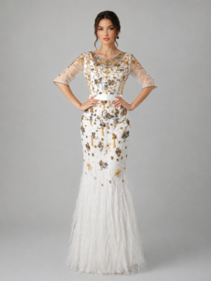 Vintage Crystal Embellished Feather Fringe Mermaid Formal Gown with Satin Waist Belt