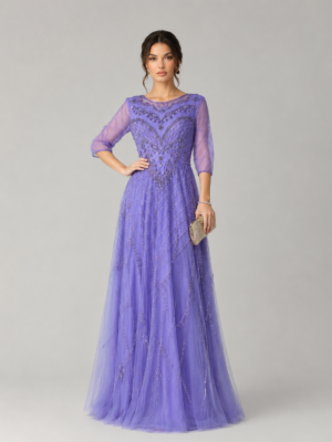 Embellished A-Line Evening Dress with Three-Quarter Sleeves
