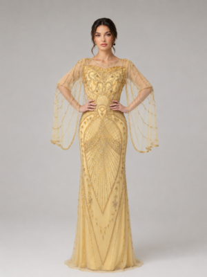 Opulent Beaded Art Deco Evening Gown with Capelet Sleeves