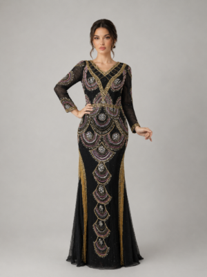 Ornate Beaded & Fringed Art Deco Mermaid Formal Dress