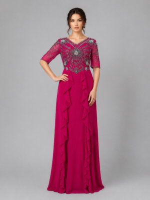 Beaded V-Neck Ruffle Gala Gown